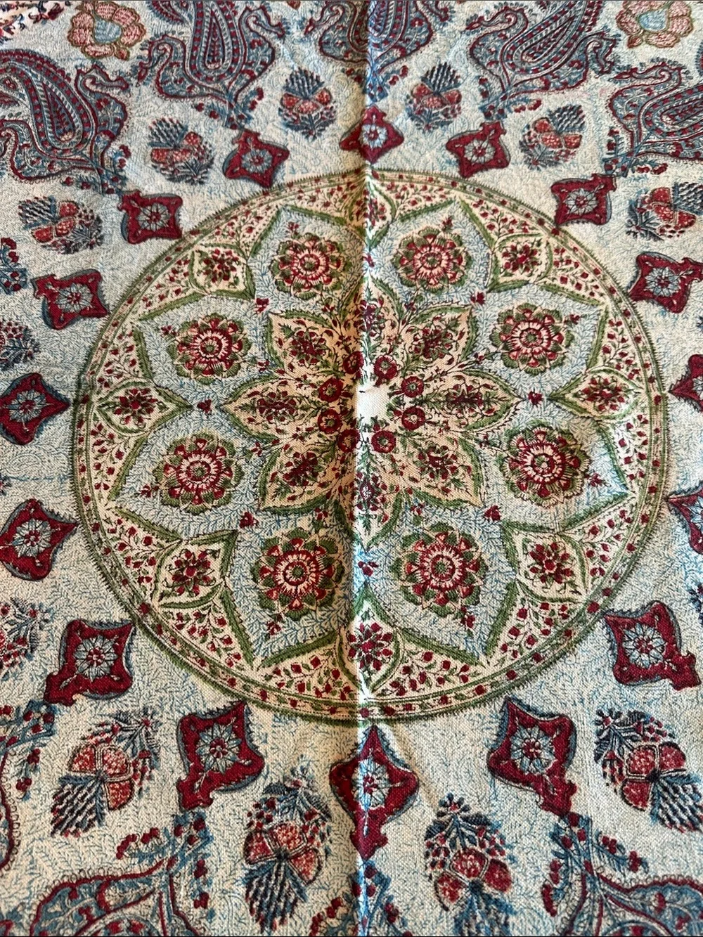 SIGNED Vintage Persian Ghalamkar Hand Block Print Round Tablecloth 80”